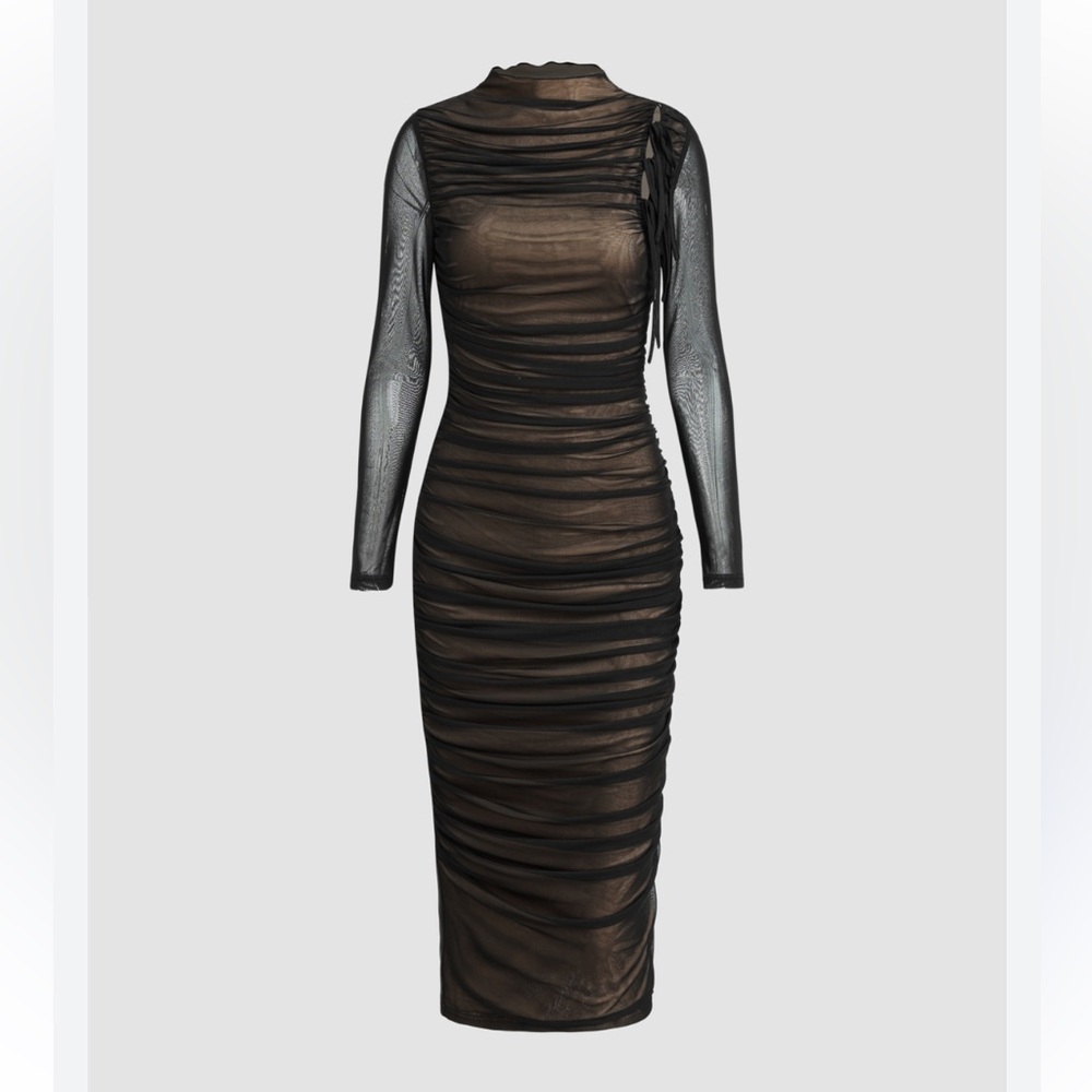 Cider Black Sheer Ruched Long Sleeve Dress